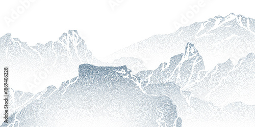 Grain mountain background with blue dot texture on white. Vector illustration of mountain ridge landscape with high summits and snow peaks, color spray effect, halftone gradient design, point art