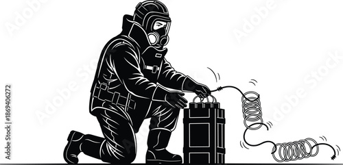 Bomb disposal technician in protective explosive suit kneeling to disarm a hazardous device with wires, public safety and emergency response vector illustration,