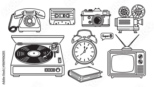 Monochrome Outline Icons Representing Nostalgic Analog Technology Set