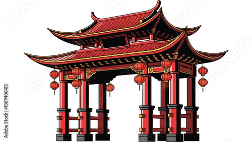 East Asian festival gate with curved roof and red lanterns