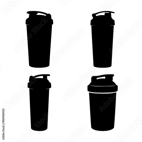 Four distinct black silhouettes of protein shaker bottles for fitness designs