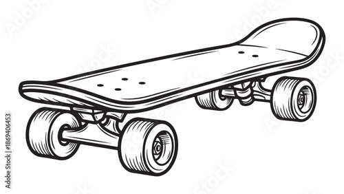 Classic Skateboard Black Outline Vector Illustration on White Background