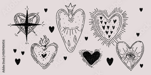 Black Mexican heart tattoo set. Vector illustration of hand drawn doodle heart icons with crown, star, burning fire, open and crying eye, gothic spiritual stickers collection, traditional love symbol