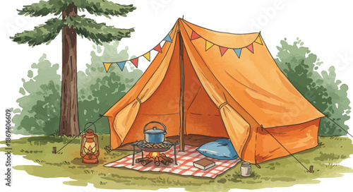 Cozy campsite with tent and gear in a forest clearing