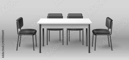 3D table and chairs mockup isolated on background. Vector realistic illustration of simple furniture for exhibition booth, office conference room, home kitchen or dining area, interior design elements