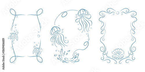 Sea life doodle frames set isolated on white background. Vector illustration of blue line borders with turtle, jellyfish, shell, elegant decoration for aquarium, resort banner, seafood restaurant menu