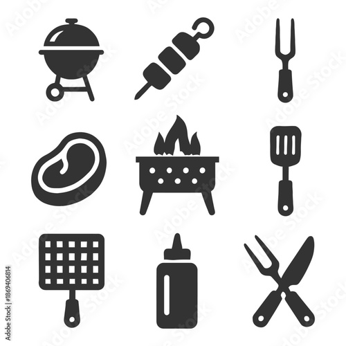 Barbecue icons set: grill, skewer, bbq tools, sauce bottle, steak.