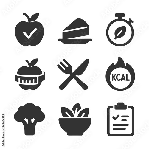 Healthy lifestyle icons - nutrition, diet, and fitness illustrations.