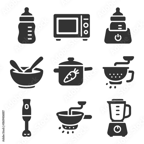Silhouette icons of baby feeding and kitchen appliances for modern homes.
