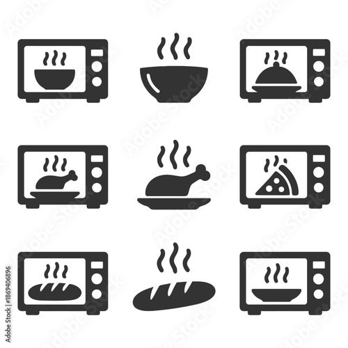 Microwave cooking icons set with food and steaming bowls.