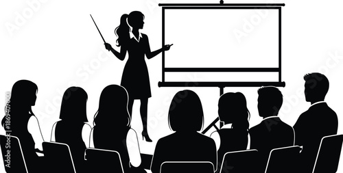 Business presentation silhouette with female presenter, audience listening in conference room, professional training seminar meeting black and white vector illustration