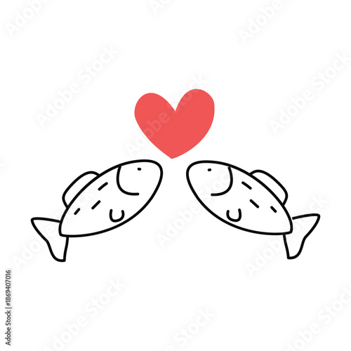 Two fish in love and a heart. Doodle, linear illustration.