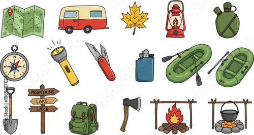 Camping and outdoor adventure icons and travel equipment illustrations