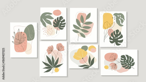 Abstract botanical art prints collection with pastel color backgrounds and tropical leaves