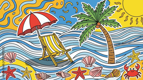 Colorful Cartoon Illustration of a Tropical Beach Scene with Summer Elements