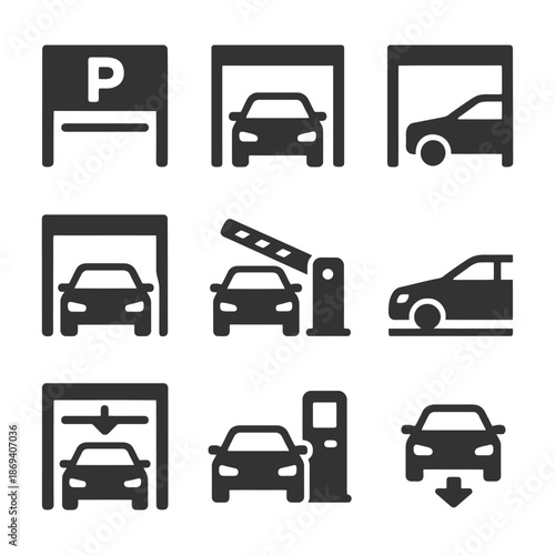 Car parking icons set: garage, entry barrier, parking ticket machines.