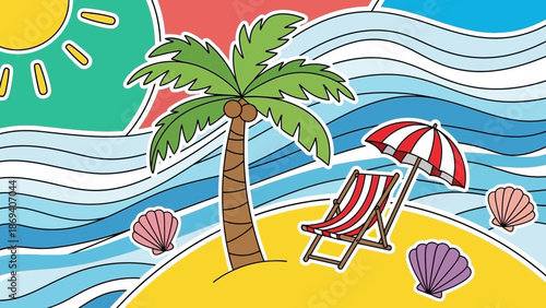 Vibrant tropical beach scene featuring a palm tree, sea, and beach chair