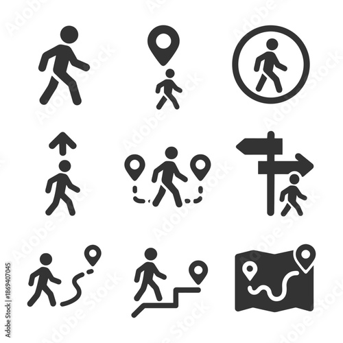 Navigational icons collection featuring walking figures and location symbols.