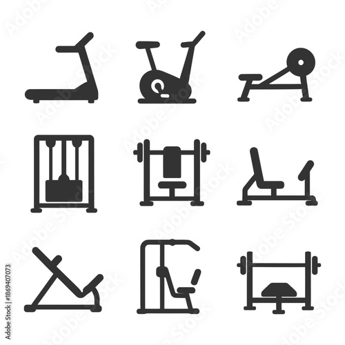 Gym equipment icons set featuring treadmill, exercise bike, and weight bench.