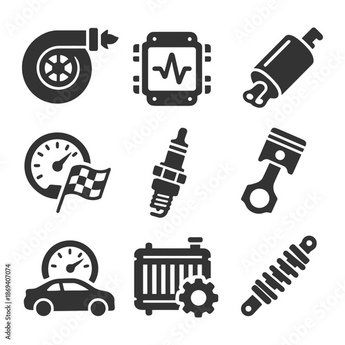 Automotive icons set: turbocharger, exhaust, speedometer, spark plug, radiator, piston, suspension.