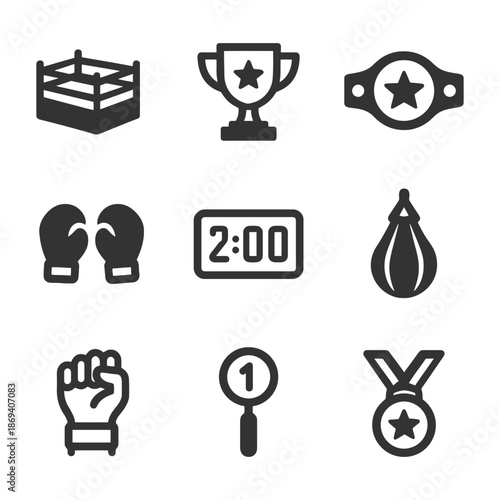 Boxing icons: ring, trophy, belt, gloves, timer, speed bag, fist, referee, medal.