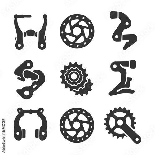 Bicycle components vector icons set: brake, gear, derailleur.
