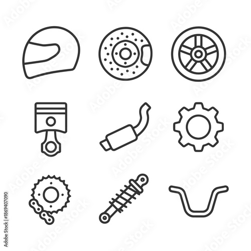 Motorcycle parts icons set - helmet, disc brake, tire, piston, exhaust, gear, chain, shock absorber, handlebar.