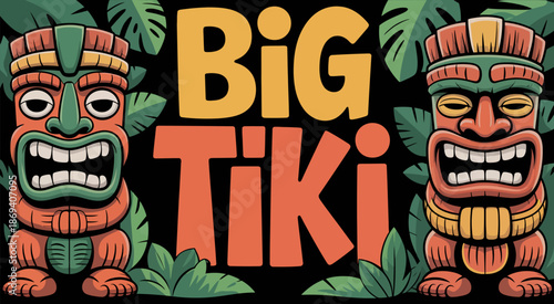 Big Tiki stylized alphabet with ligatures featuring four tiki head illustrations and palm leaves for tropical typography, branding, posters, logos, packaging, and creative design projects