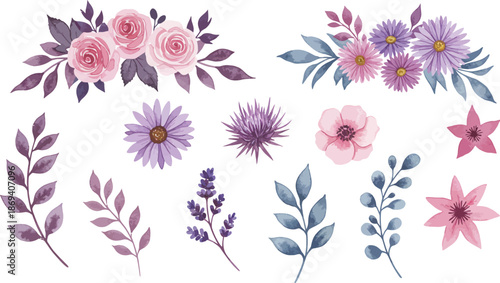 Watercolor floral illustrations of pink and purple flowers and leaves
