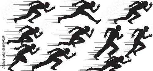 Silhouettes of people running in motion on white background