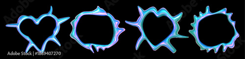 Abstract y2k chrome frames set isolated on black background. Vector realistic illustration of holographic heart and round shape borders, silver metallic design element with iridescent glossy surface