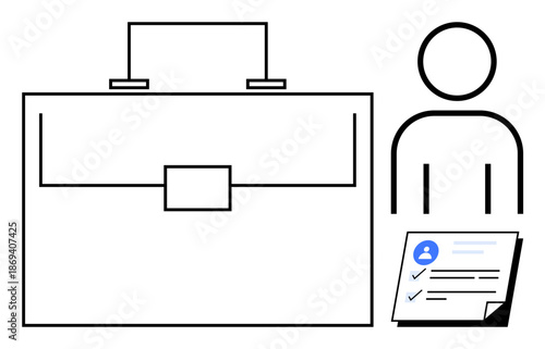 Briefcase beside a person figure holding a resume with profile icon. Ideal for career, hiring, job search, interviews, applications, HR, and recruitment processes. Simple flat metaphor