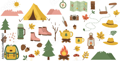 Camping and hiking icons and symbols in a colorful illustration