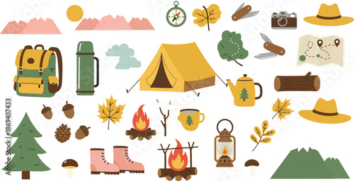 Colorful camping and hiking icons and objects on white background