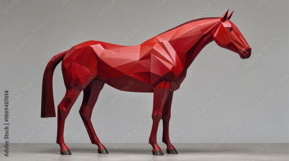Obraz premium Red polygonal horse sculpture stands majestically against a neutral background, showcasing geometric shapes and vibrant color, representing the zodiac animal concept in modern art