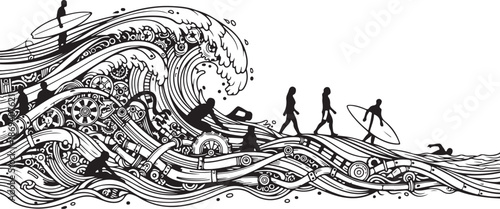 Surfers riding a stylized wave in black and white