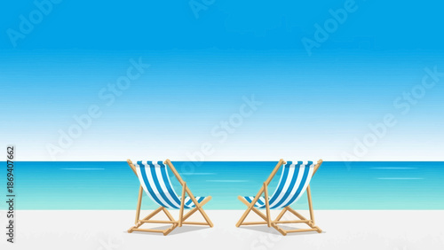 Serene beach scene with two deck chairs inviting relaxation and summer escape