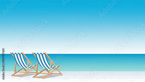 Relaxing beach scene with lounge chairs and serene blue ocean landscape
