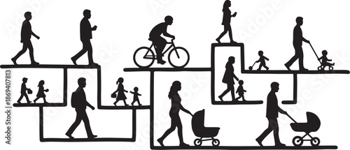 Silhouettes of people walking and cycling in various settings