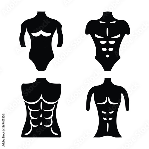 Collection of human torso icons depicting various body shapes and muscular anatomy
