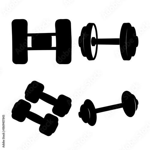 Black silhouette collection of fitness dumbbells and barbells for strength training