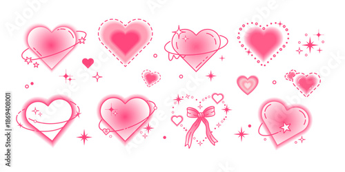 Y2k blurred gradient pink heart sticker set. Valentines Day Glowing light love shape collection