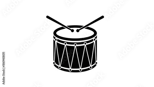 Black Snare Drum with Drumsticks Isolated on White Background