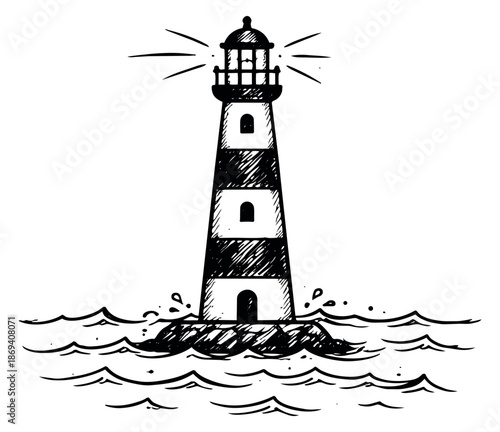 Hand drawn line art illustration of a lighthouse depicting light and waves for maritime themes