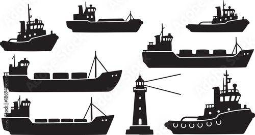 Silhouette of Various Ships and a Lighthouse