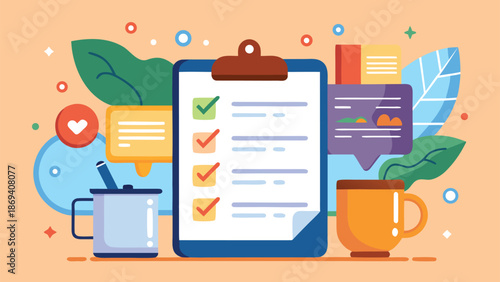 Checklist on clipboard with coffee cups and plants on a colorful background