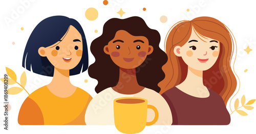 Three diverse women friends smiling and enjoying a cup of coffee together in a friendly social setting