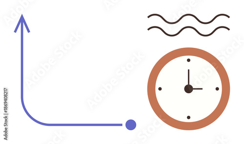 Time management, progress tracking, workflow, productivity, goal setting, performance monitoring. Arrow pointing upward, clock showing time wavy lines. Time management and progress tracking concept