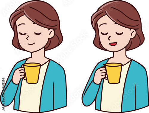Cartoon woman enjoying a cup of coffee or tea in two different emotional expressions