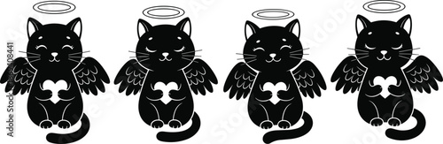 Cute black angel cats vector illustration set with wings and halos, adorable cartoon kitten silhouettes for stickers, prints, branding, tshirts, logos, icons